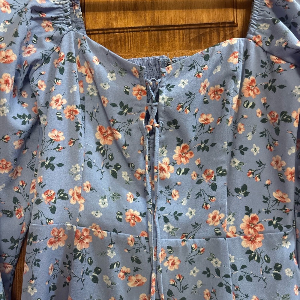 Abercrombie & Fitch Dusty Blue Floral Square Neck Mini Dress - Picture 3 of 6